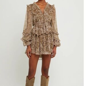 OPT Hilo Mini Dress Floral V-Neck Ruffle Long Balloon Sleeve Tiered Floral